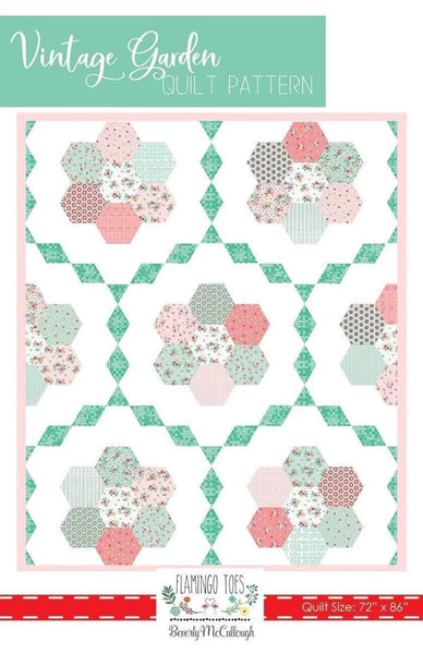 Image of the Vintage Garden quilt pattern by Beverly McCullough for Riley Blake Designs. Features hexagons in circles on a white background. 
Cute Little Fabric Shop