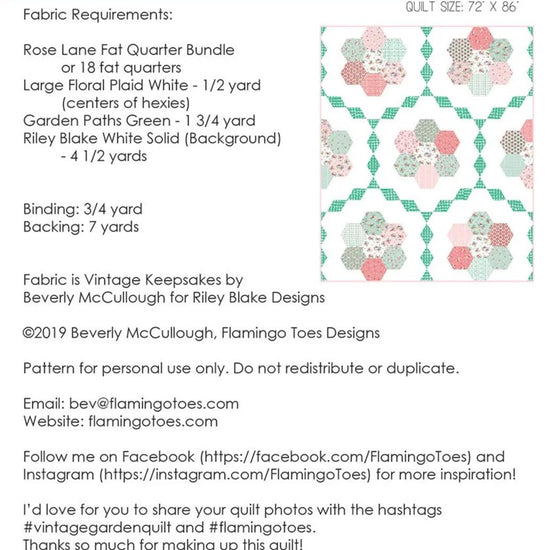 Image of the Vintage Garden quilt pattern by Beverly McCullough for Riley Blake Designs. Features the fabric requirements. 
Cute Little Fabric Shop