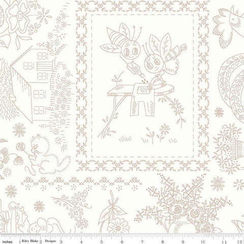 Image of the Wide Back Granny Chic Vintage Embroidery Brown quilting cotton fabric by Lori Holt for Riley Blake Designs. Features embroidered houses, flowers, and animals on a cream background. 
Cute Little Fabric Shop