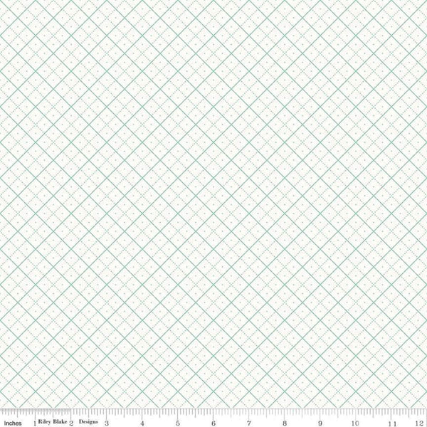 Image of the Bee Backgrounds Grid Teal quilting cotton fabric by Lori Holt for Riley Blake Designs. Features a diagonal grid with teal lines on a white background. 
Cute Little Fabric Shop