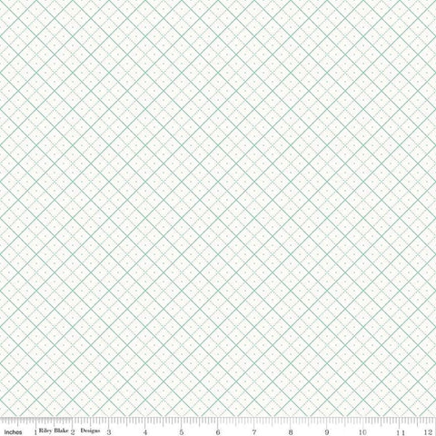 Image of the Bee Backgrounds Grid Teal quilting cotton fabric by Lori Holt for Riley Blake Designs. Features a diagonal grid with teal lines on a white background. 
Cute Little Fabric Shop