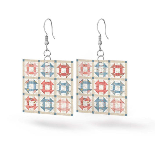 Image of the Leather Square Earrings Countryside by Riley Blake Designs. Features a quilt square design on full grain leather.  
Cute Little Fabric Shop