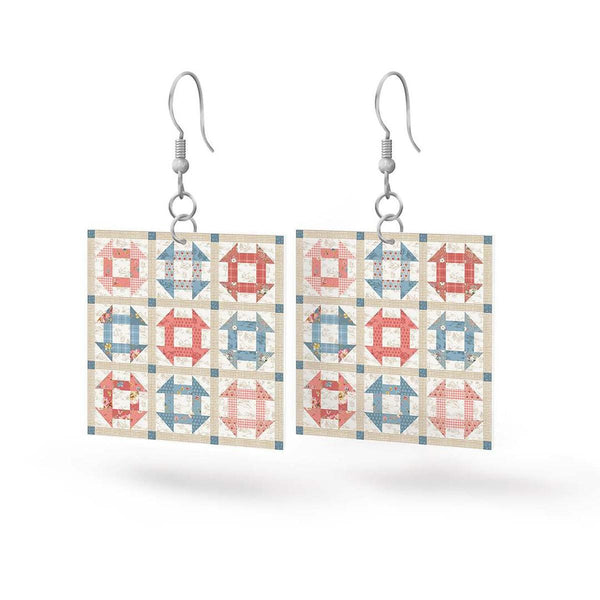 Image of the Leather Square Earrings Countryside by Riley Blake Designs. Features a quilt square design on full grain leather.  
Cute Little Fabric Shop