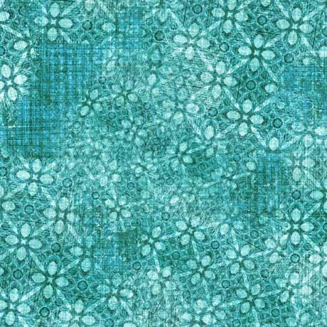 Image of the Eye of the Tiger Geo Blender Turquoise quilting cotton fabric by Morris Creative Group for QT Fabrics. Features a textured floral and plaid pattern with teal colors. 
Cute Little Fabric Shop