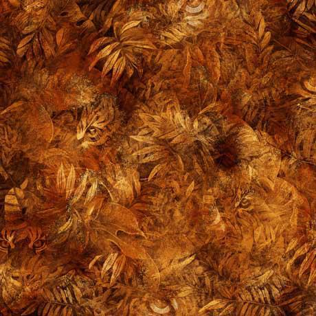 Image of the Eye of the Tiger Eyes Rust quilting cotton fabric by Morris Creative Group for Riley Blake Designs. Features sprigs of leaves with faded tiger faces on a red orange background. 
Cute Little Fabric Shop