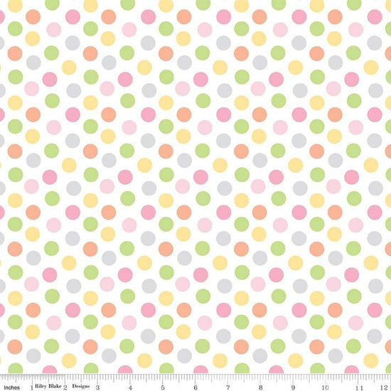 Image of the Bundle of Joy Dots Multi quilting cotton fabric by Doodlebug Design Inc for Riley Blake Designs. Features multicolored pink, green, blue, and yellow dots on a white background. 
Cute Little Fabric Shop