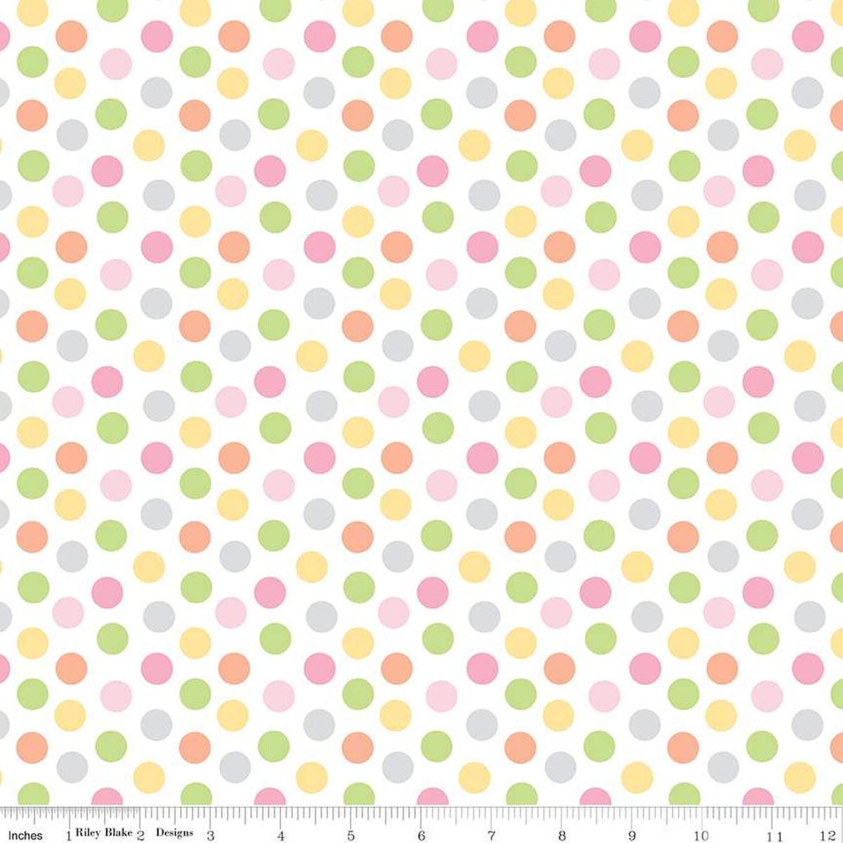 Image of the Bundle of Joy Dots Multi quilting cotton fabric by Doodlebug Design Inc for Riley Blake Designs. Features multicolored pink, green, blue, and yellow dots on a white background. 
Cute Little Fabric Shop