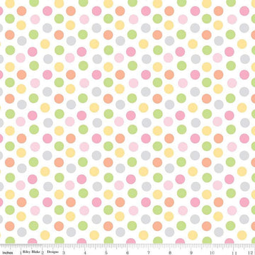 Image of the Bundle of Joy Dots Multi quilting cotton fabric by Doodlebug Design Inc for Riley Blake Designs. Features multicolored pink, green, blue, and yellow dots on a white background. 
Cute Little Fabric Shop