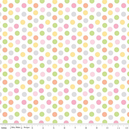 Image of the Bundle of Joy Dots Multi quilting cotton fabric by Doodlebug Design Inc for Riley Blake Designs. Features multicolored pink, green, blue, and yellow dots on a white background. 
Cute Little Fabric Shop