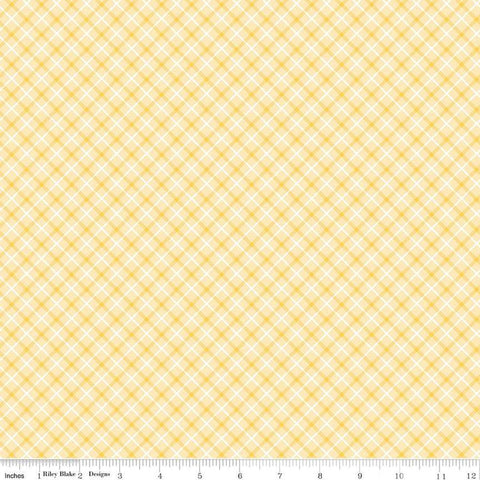Image of the Bundle of Joy Plaid Yellow quilting cotton fabric by Doodlebug Design Inc for Riley Blake Designs. Features diagonal yellow plaid on a light yellow background. 
Cute Little Fabric Shop