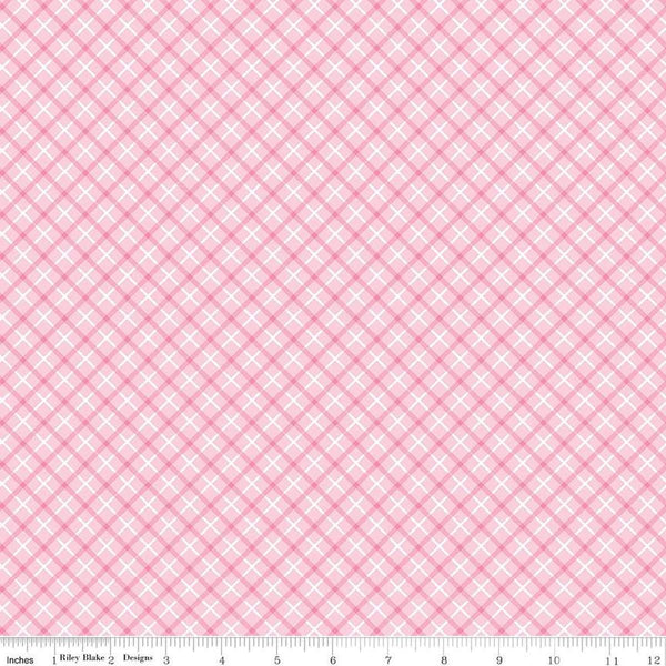 Image of the Bundle of Joy Plaid Pink quilting cotton fabric by Doodlebug Design Inc for Riley Blake Designs. Features diagonal pink plaid on a light pink background. 
Cute Little Fabric Shop