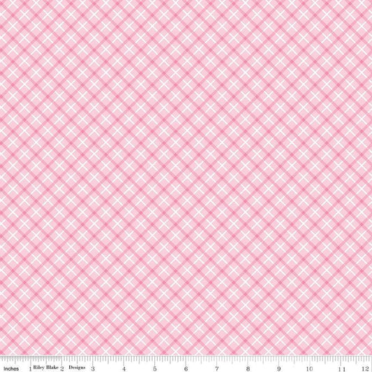 Image of the Bundle of Joy Plaid Pink quilting cotton fabric by Doodlebug Design Inc for Riley Blake Designs. Features diagonal pink plaid on a light pink background. 
Cute Little Fabric Shop