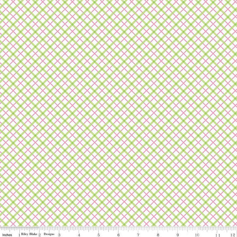 Image of the Bundle of Joy Plaid Multi quilting cotton fabric by Doodlebug Design Inc for Riley Blake Designs. Features diagonal green and pink plaid on a white background. 
Cute Little Fabric Shop