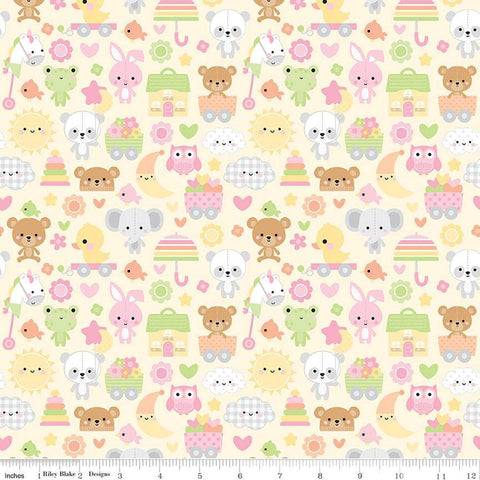 Image of the Bundle of Joy Main Yellow quilting cotton fabric by Doodlebug Design Inc for Riley Blake Designs. Features bunnies, clouds, toys, bears, moon, fish, elephants, flowers, and hearts on a light yellow background. 
Cute Little Fabric Shop