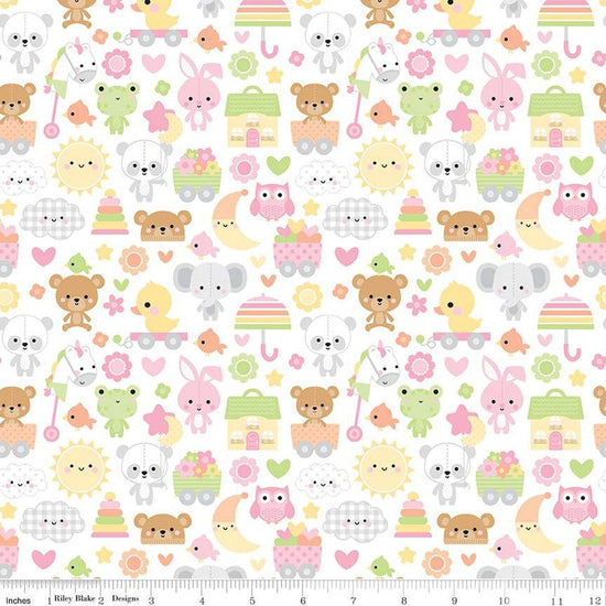 Image of the Bundle of Joy Main White quilting cotton fabric by Doodlebug Design Inc for Riley Blake Designs. Features bunnies, clouds, toys, bears, moon, fish, elephants, flowers, and hearts on a white background. 
Cute Little Fabric Shop