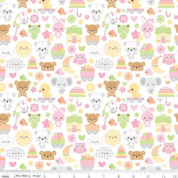 Image of the Bundle of Joy Main White quilting cotton fabric by Doodlebug Design Inc for Riley Blake Designs. Features bunnies, clouds, toys, bears, moon, fish, elephants, flowers, and hearts on a white background. 
Cute Little Fabric Shop