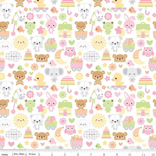 Image of the Bundle of Joy Main White quilting cotton fabric by Doodlebug Design Inc for Riley Blake Designs. Features bunnies, clouds, toys, bears, moon, fish, elephants, flowers, and hearts on a white background. 
Cute Little Fabric Shop