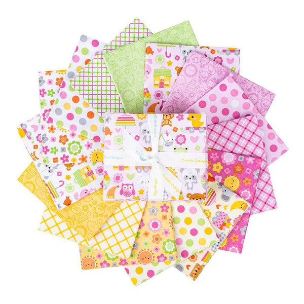 Image of the Bundle of Joy 15 piece fat quarter bundle by Doodlebug Design Inc for Riley Blake Designs. Features baby girl themed fabrics. 
Cute Little Fabric Shop