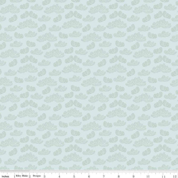 Image of the Garden Dreams Clouds Mist quilting cotton fabric by Amber Elliot for Riley Blake Designs. Features pixelated clouds on a light blue background. 
Cute Little Fabric Shop