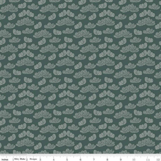 Image of the Garden Dreams Clouds Evergreen quilting cotton fabric by Amber Elliot for Riley Blake Designs. Features pixelated clouds on a dark green background. 
Cute Little Fabric Shop
