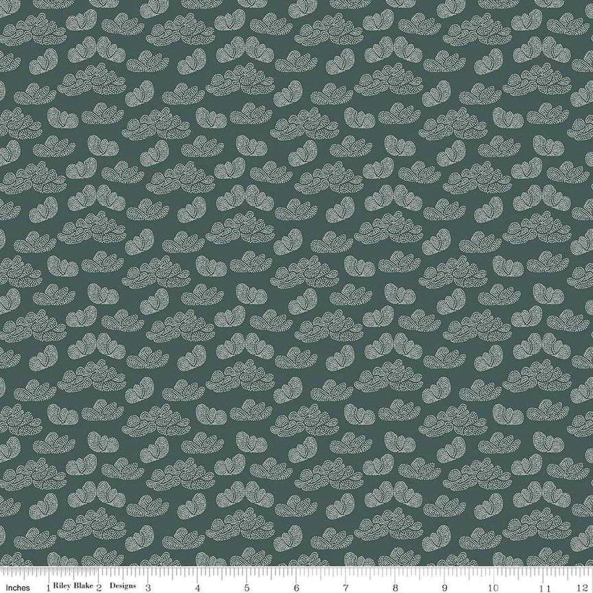 Image of the Garden Dreams Clouds Evergreen quilting cotton fabric by Amber Elliot for Riley Blake Designs. Features pixelated clouds on a dark green background. 
Cute Little Fabric Shop