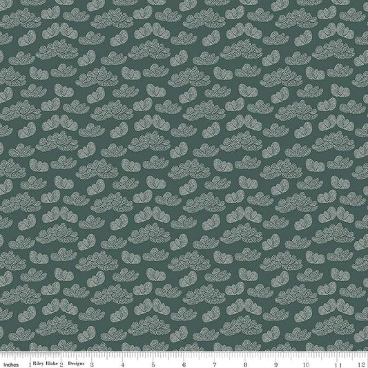 Image of the Garden Dreams Clouds Evergreen quilting cotton fabric by Amber Elliot for Riley Blake Designs. Features pixelated clouds on a dark green background. 
Cute Little Fabric Shop