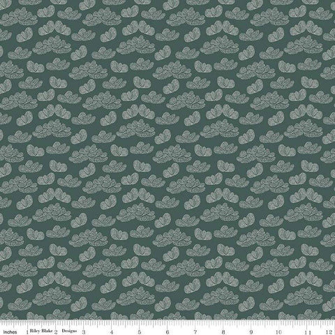 Image of the Garden Dreams Clouds Evergreen quilting cotton fabric by Amber Elliot for Riley Blake Designs. Features pixelated clouds on a dark green background. 
Cute Little Fabric Shop