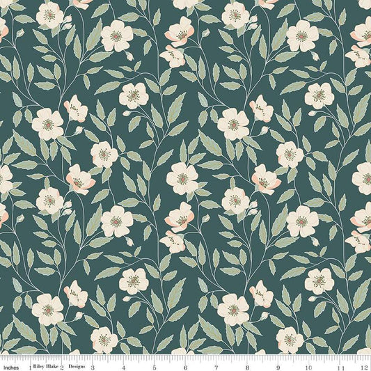 Image of the Garden Dreams Main Evergreen quilting cotton fabric by Amber Elliot for Riley Blake Designs. Features flowers and vines on a dark green background. 
Cute Little Fabric Shop