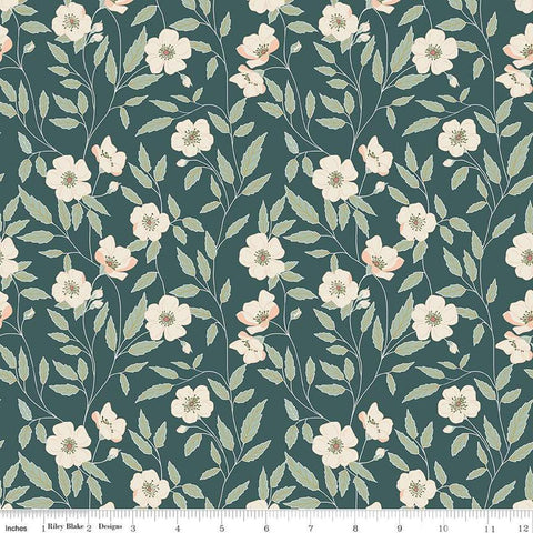 Image of the Garden Dreams Main Evergreen quilting cotton fabric by Amber Elliot for Riley Blake Designs. Features flowers and vines on a dark green background. 
Cute Little Fabric Shop