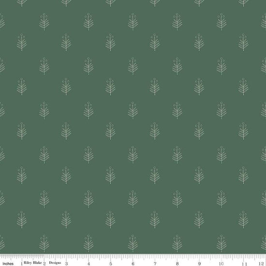 Image of the Garden Dreams Leaf Doodle Hunter quilting cotton fabric by Amber Elliot for Riley Blake Designs. Features leaves and berries scattered on a dark green background. 
Cute Little Fabric Shop