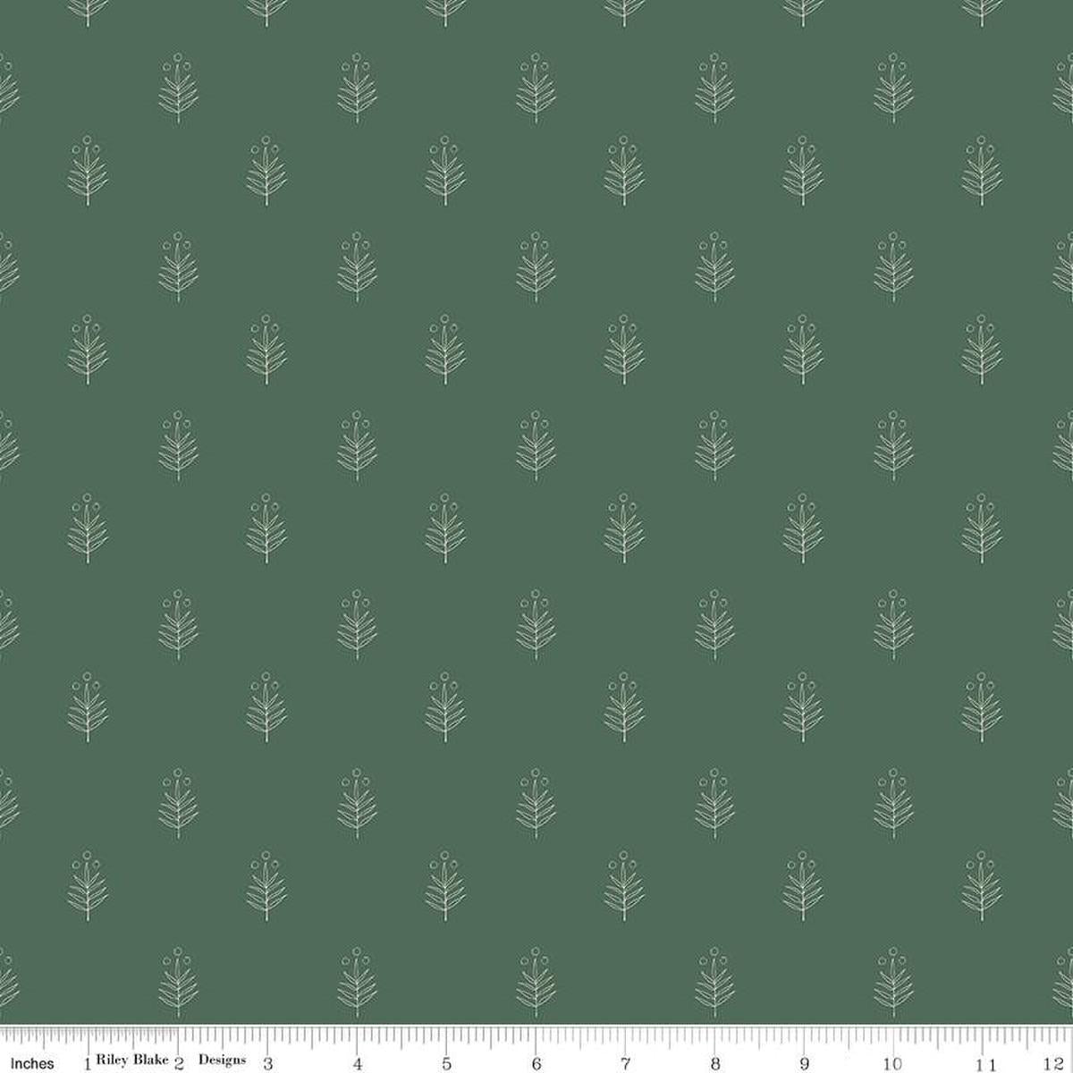 Image of the Garden Dreams Leaf Doodle Hunter quilting cotton fabric by Amber Elliot for Riley Blake Designs. Features leaves and berries scattered on a dark green background. 
Cute Little Fabric Shop