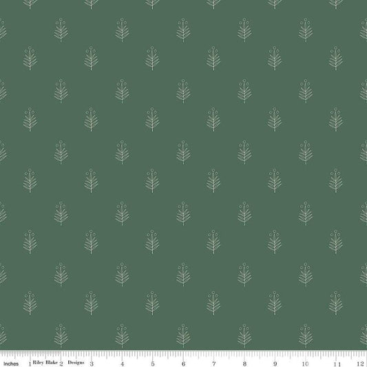 Image of the Garden Dreams Leaf Doodle Hunter quilting cotton fabric by Amber Elliot for Riley Blake Designs. Features leaves and berries scattered on a dark green background. 
Cute Little Fabric Shop