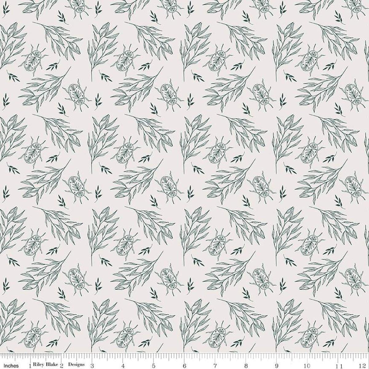 Image of the Garden Dreams Beetle Off White quilting cotton fabric by Amber Elliot for Riley Blake Designs. Features leaves and beetles on a light cream background. 
Cute Little Fabric Shop