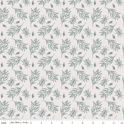 Image of the Garden Dreams Beetle Off White quilting cotton fabric by Amber Elliot for Riley Blake Designs. Features leaves and beetles on a light cream background. 
Cute Little Fabric Shop