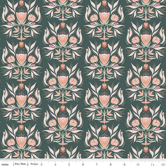 Image of the Garden Dreams Floral Damask Evergreen quilting cotton fabric by Amber Elliot for Riley Blake Designs. Features damask flowers on a dark green background. 
Cute Little Fabric Shop