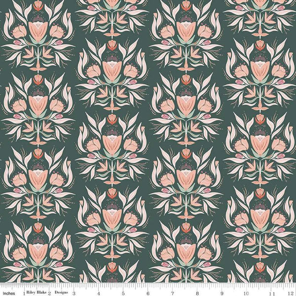 Image of the Garden Dreams Floral Damask Evergreen quilting cotton fabric by Amber Elliot for Riley Blake Designs. Features damask flowers on a dark green background. 
Cute Little Fabric Shop