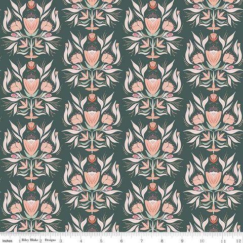 Image of the Garden Dreams Floral Damask Evergreen quilting cotton fabric by Amber Elliot for Riley Blake Designs. Features damask flowers on a dark green background. 
Cute Little Fabric Shop