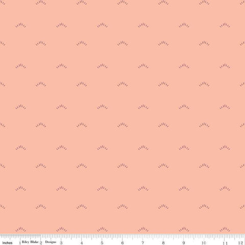 Image of the Garden Dreams Shimmer Peaches &#39;n Cream quilting cotton fabric by Amber Elliot for Riley Blake Designs. Features eyelash shapes scattered on a light pink coral background. 
Cute Little Fabric Shop
