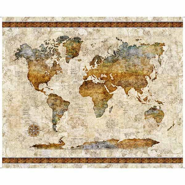 Image of the Globetrotter Map Panel Parchment quilting cotton fabric by QT Fabrics. Features a vintage style map on a light cream background. 
Cute Little Fabric Shop