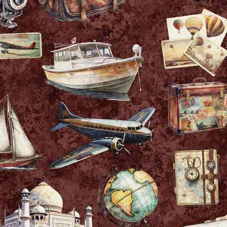 Image of the Globetrotter Travel Icons Brish quilting cotton fabric by QT Fabrics. Features travel icons, such as planes, maps, ships, and globes on a dark red background. 
Cute Little Fabric Shop