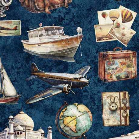 Image of the Globetrotter Travel Icons Navy quilting cotton fabric by QT Fabrics. Features travel icons, such as planes, maps, ships, and globes on a dark blue background. 
Cute Little Fabric Shop