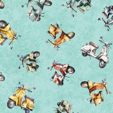 Image of the Globetrotter Scooters Aqua quilting cotton fabric by QT Fabrics. Features vintage scooters on a light aqua blue background. 
Cute Little Fabric Shop