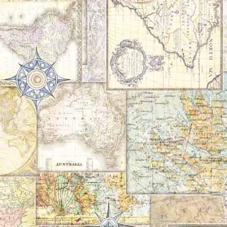 Image of the Globetrotter Travel Maps Multi Wide Back quilting cotton wide back fabric by QT Fabrics. Features multicolored maps on a cream offwhite background. 
Cute Little Fabric Shop