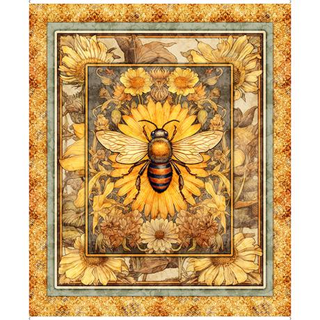 Image of the Queen Bee Panel Honey quilting cotton fabric by QT Fabrics. Features a large bee on a flower on a yellow honey background. 
Cute Little Fabric Shop