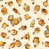 Image of the Queen Bee Honey Bottles Cream quilting cotton fabric by QT Fabrics. Features glass bottles of honey on a light cream background. 
Cute Little Fabric Shop