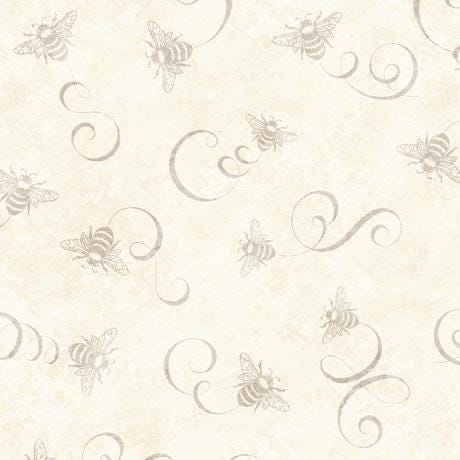 Image of the Queen Bee Bee & Scroll Cream quilting cotton fabric by QT Fabrics. Features swirls and small bees on a light cream background. 
Cute Little Fabric Shop