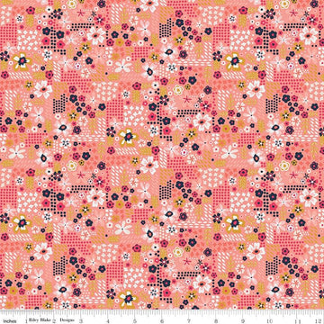 9" End of Bolt - CLEARANCE Golden Aster Garden C9845 Coral - Riley Blake-Floral Flowers Leaves Dots Orange Pink Cream-Quilting Cotton Fabric