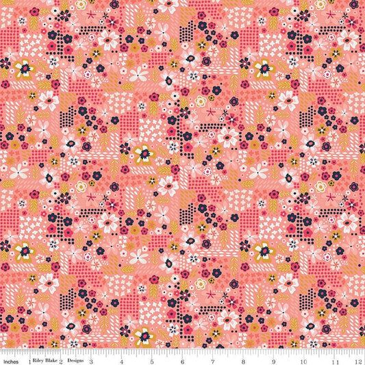 9" End of Bolt - CLEARANCE Golden Aster Garden C9845 Coral - Riley Blake-Floral Flowers Leaves Dots Orange Pink Cream-Quilting Cotton Fabric
