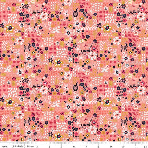 15" End of Bolt - CLEARANCE Golden Aster Garden C9845 Coral-Riley Blake-Floral Flowers Leaves Dots Orange Pink Cream-Quilting Cotton Fabric