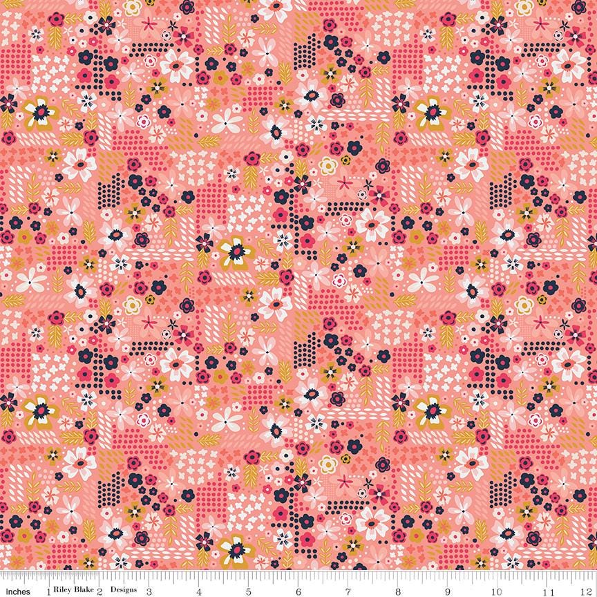 15" End of Bolt - CLEARANCE Golden Aster Garden C9845 Coral-Riley Blake-Floral Flowers Leaves Dots Orange Pink Cream-Quilting Cotton Fabric